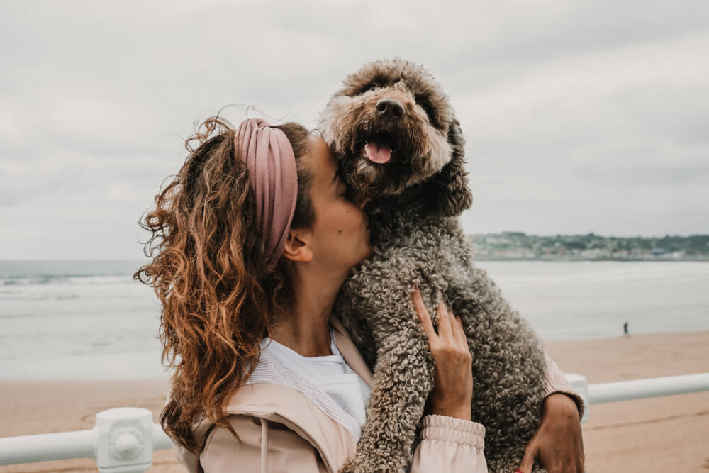 Young woman holding her adorable brown dog.