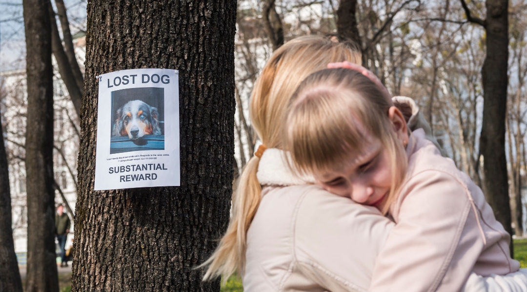 A woman embraces a child next to a Lost Dog sign | The Pet Tap